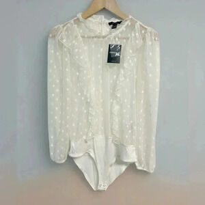 Forever 21 Sheer Swiss Dot Ruffle Bodysuit Cream Long Sleeve Blouse Large NWT